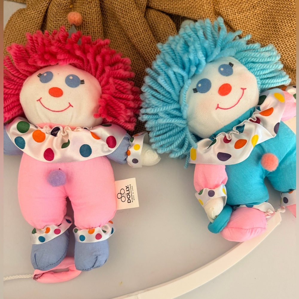 Vintage 8" Nylon Parachute Stuffed Plush Toy Lot Of 3 Clowns Pink Blue Dolly Tag